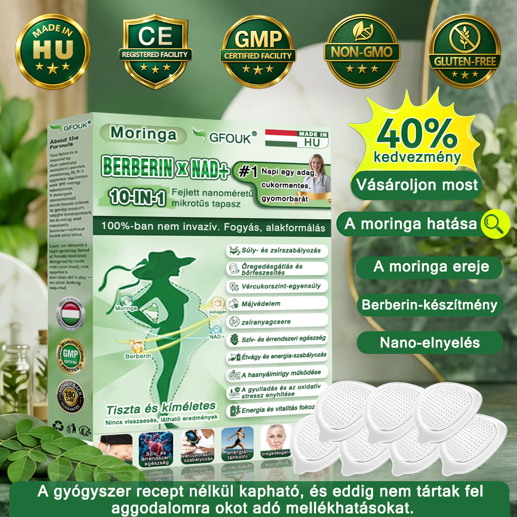 🇭🇺🎁 Az Európai Unió és Magyarország hatályos jogszabályainak megfelelően | 🧑‍⚕️ GFOUK® Moringa · Berberin × NAD+ 10 az 1-ben Fejlett Nanomikrotűs Tapasz | Tudományosan megalapozott | 10 az 1-ben formula | Látható eredmények 7 nap alatt ✅